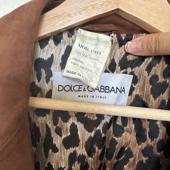 Dolce & Gabbana VTG Brown Leather Suede Leopard Print Trench Jacket Coat Blazer - Picture 8 of 14
